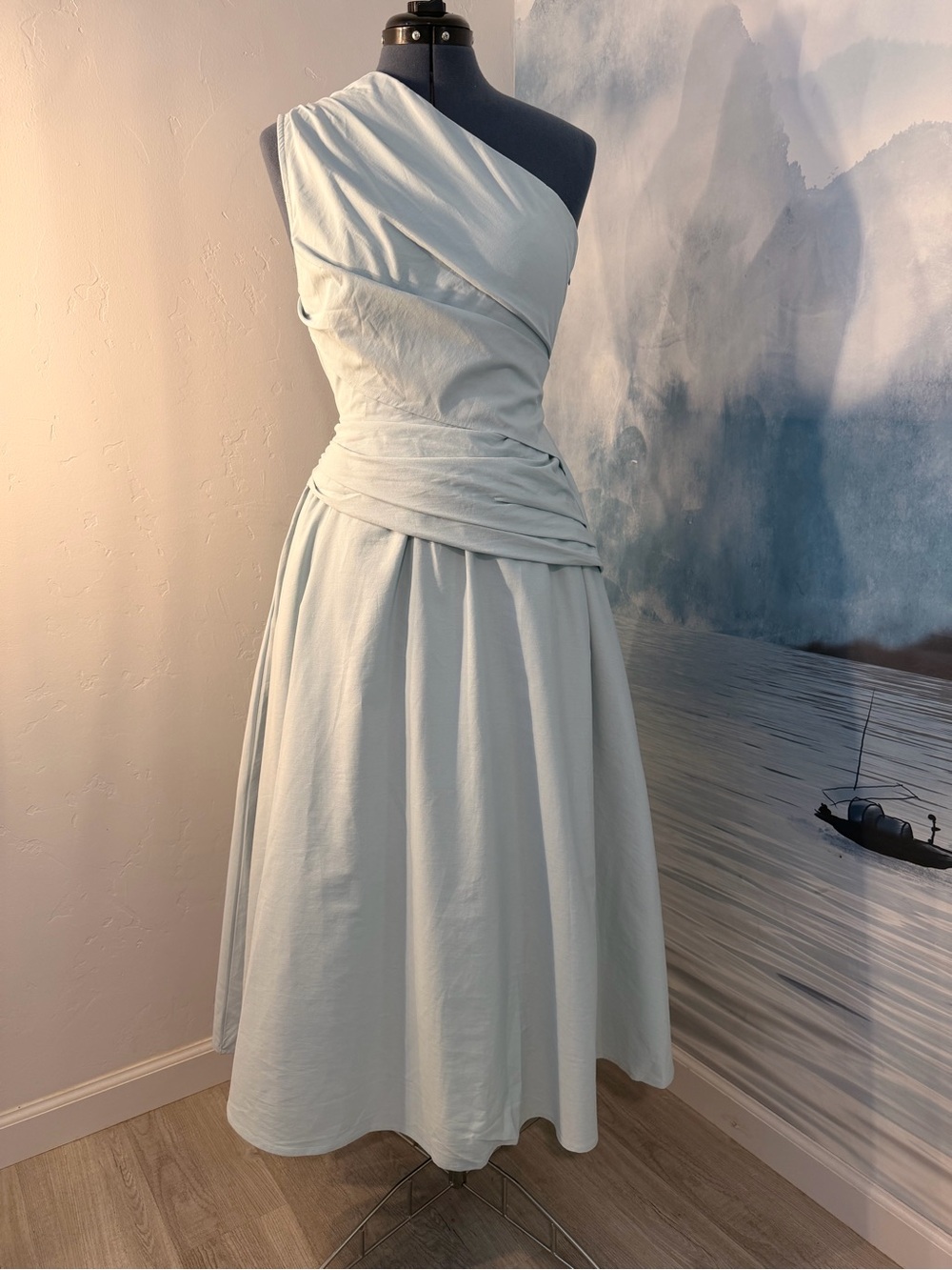 One-Shoulder Pale Blue Wrap-Detail Women’s Dress 229 - Picture 2 of 12